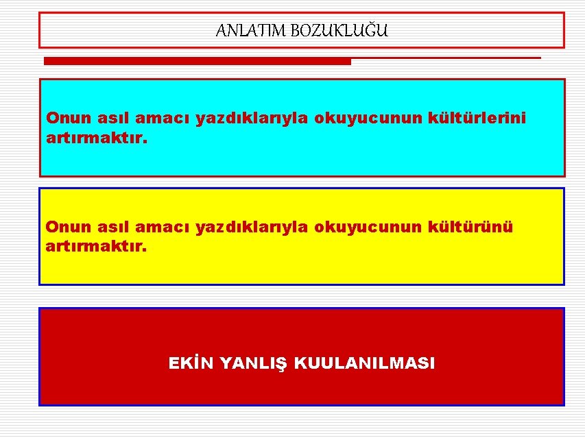 ANLATIM BOZUKLUĞU Onun asıl amacı yazdıklarıyla okuyucunun kültürlerini artırmaktır. Onun asıl amacı yazdıklarıyla okuyucunun