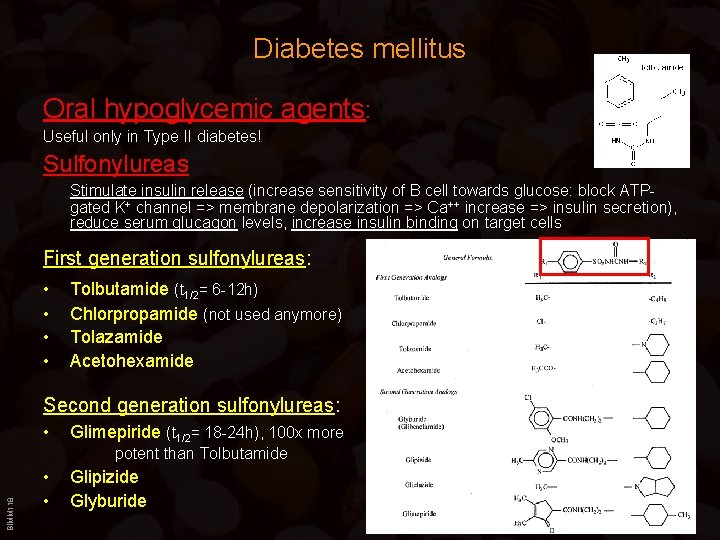 Diabetes mellitus Oral hypoglycemic agents: Useful only in Type II diabetes! Sulfonylureas Stimulate insulin