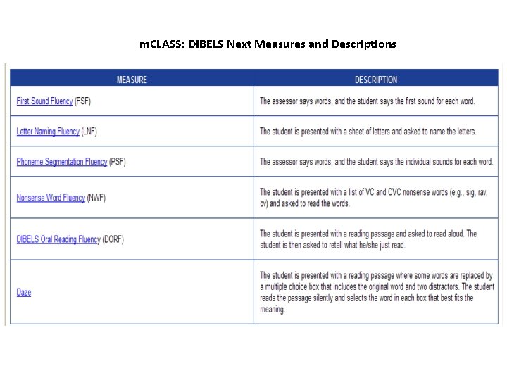 m. CLASS: DIBELS Next Measures and Descriptions 