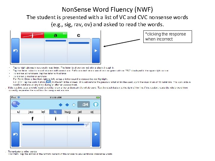 Non. Sense Word Fluency (NWF) The student is presented with a list of VC
