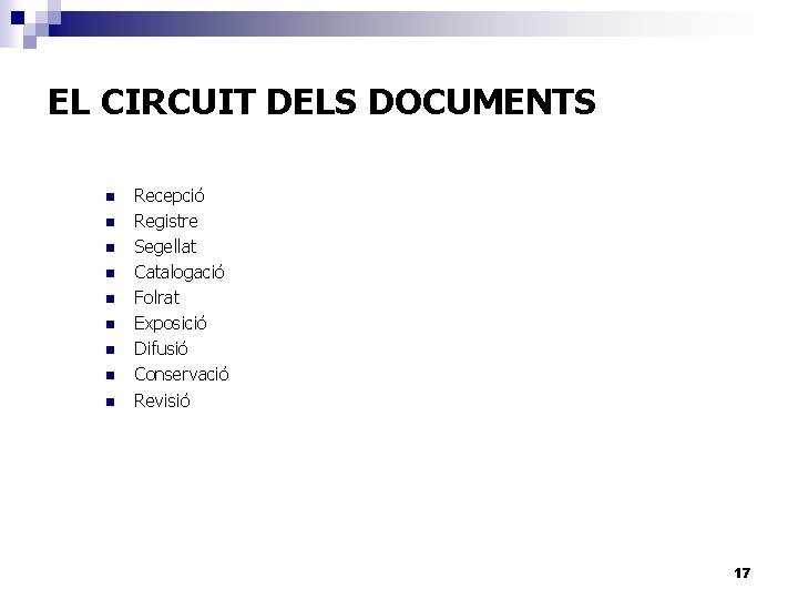 EL CIRCUIT DELS DOCUMENTS n n n n n Recepció Registre Segellat Catalogació Folrat