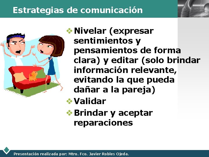 Estrategias de comunicación LOGO v Nivelar (expresar sentimientos y pensamientos de forma clara) y