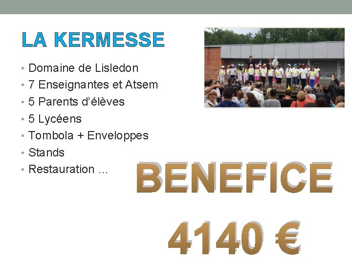 LA KERMESSE • Domaine de Lisledon • 7 Enseignantes et Atsem • 5 Parents