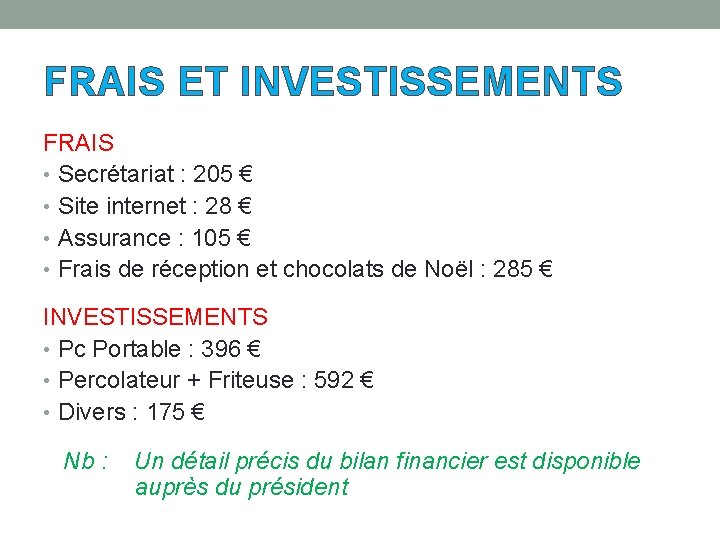 FRAIS ET INVESTISSEMENTS FRAIS • Secrétariat : 205 € • Site internet : 28