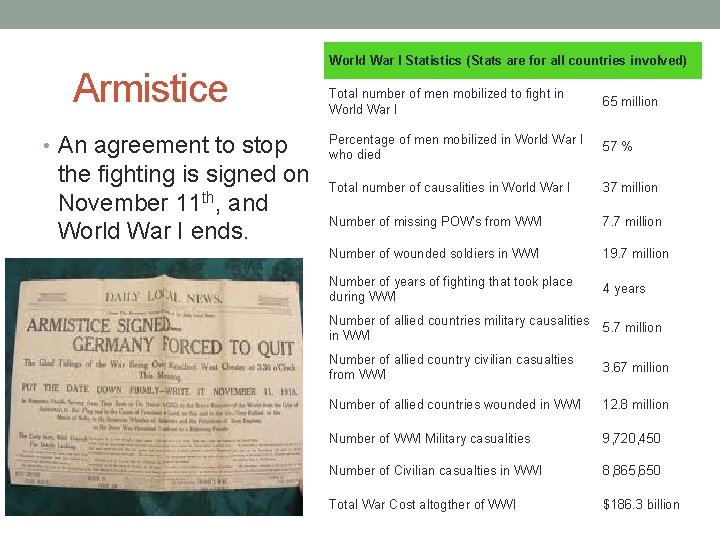 Armistice • An agreement to stop the fighting is signed on November 11 th,