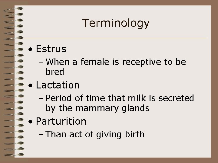Terminology • Estrus – When a female is receptive to be bred • Lactation