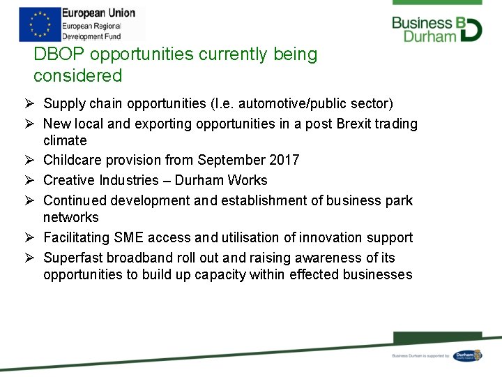 DBOP opportunities currently being considered Ø Supply chain opportunities (I. e. automotive/public sector) Ø