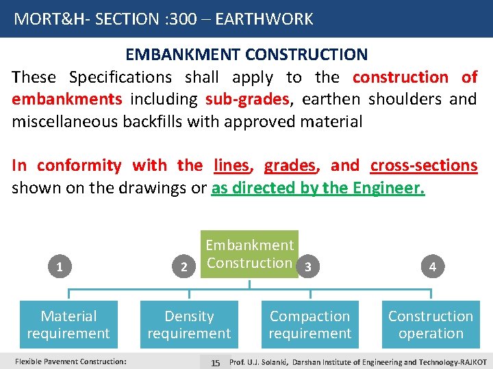 MORT&H- SECTION : 300 – EARTHWORK EMBANKMENT CONSTRUCTION These Specifications shall apply to the