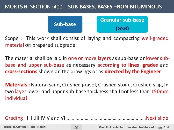 MORT&H- SECTION : 400 – SUB-BASES, BASES –NON BITUMINOUS Sub-base Granular sub-base (GSB) Scope
