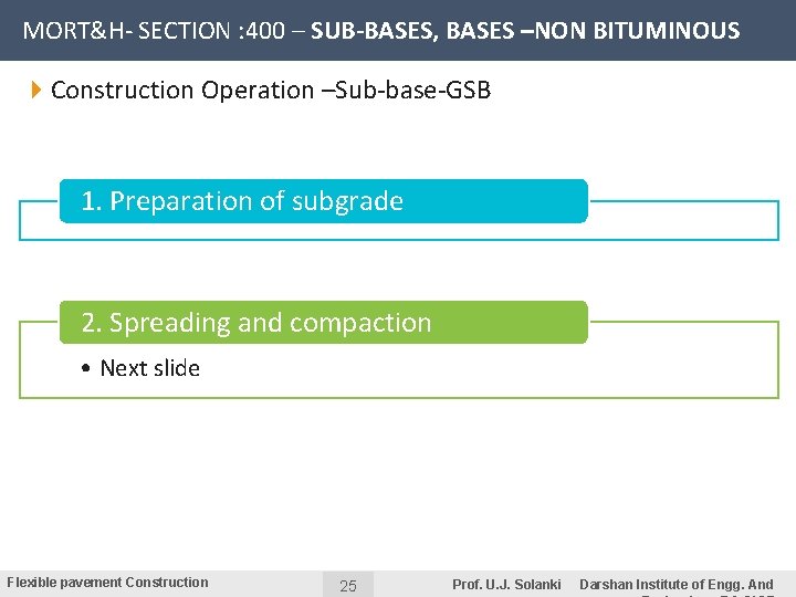 MORT&H- SECTION : 400 – SUB-BASES, BASES –NON BITUMINOUS 4 Construction Operation –Sub-base-GSB 1.