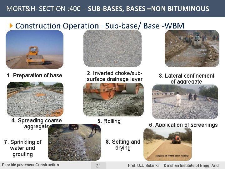 MORT&H- SECTION : 400 – SUB-BASES, BASES –NON BITUMINOUS 4 Construction Operation –Sub-base/ Base
