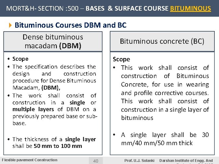 MORT&H- SECTION : 500 – BASES & SURFACE COURSE BITUMINOUS 4 Bituminous Courses DBM