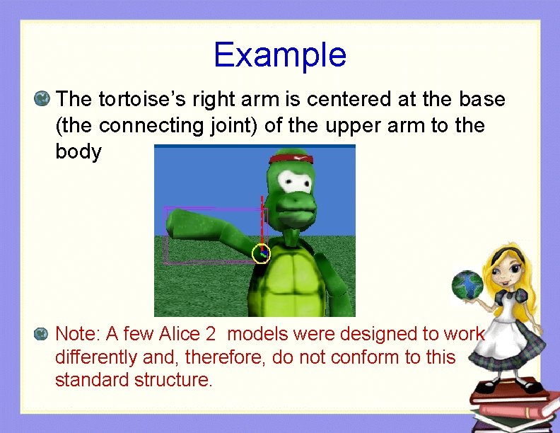 Example The tortoise’s right arm is centered at the base (the connecting joint) of