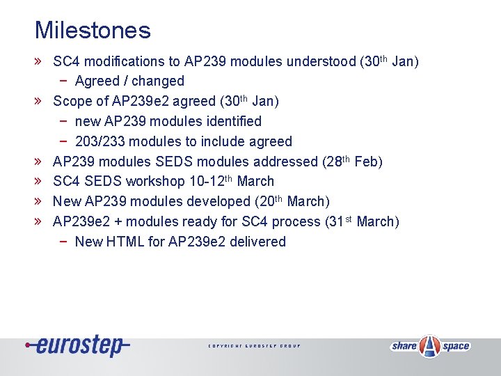 Milestones » SC 4 modifications to AP 239 modules understood (30 th Jan) −