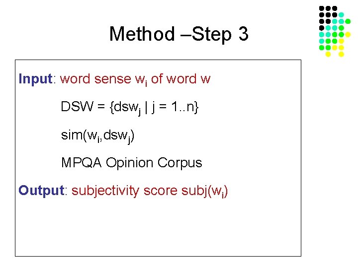 Method –Step 3 Input: word sense wi of word w DSW = {dswj |