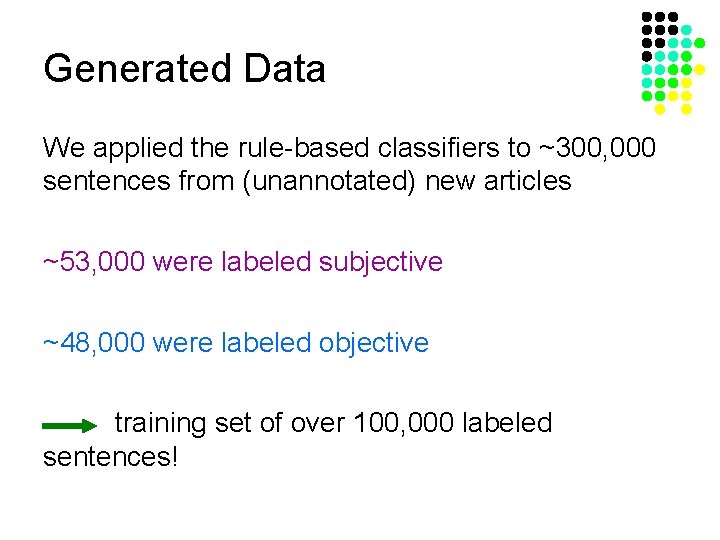 Generated Data We applied the rule-based classifiers to ~300, 000 sentences from (unannotated) new