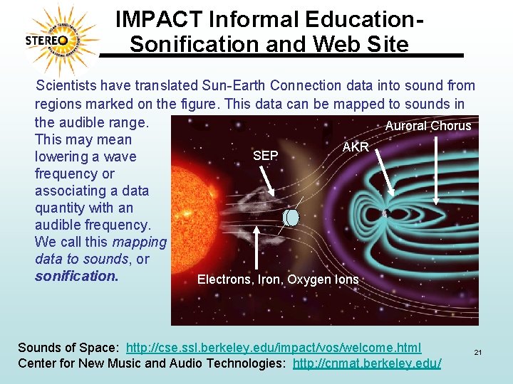 IMPACT Informal Education. Sonification and Web Site Scientists have translated Sun-Earth Connection data into