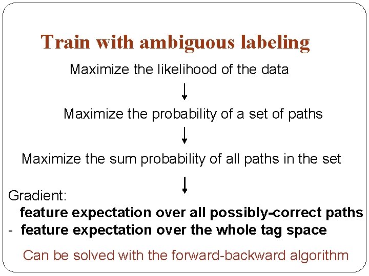 Train with ambiguous labeling Maximize the likelihood of the data Maximize the probability of