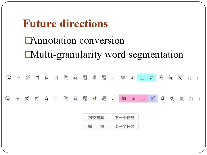 Future directions �Annotation conversion �Multi-granularity word segmentation 