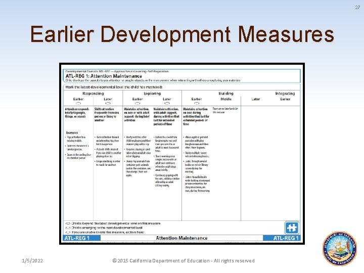 27 Earlier Development Measures 1/5/2022 © 2015 California Department of Education - All rights