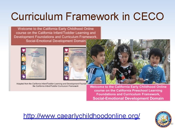 Curriculum Framework in CECO http: //www. caearlychildhoodonline. org/ 43 