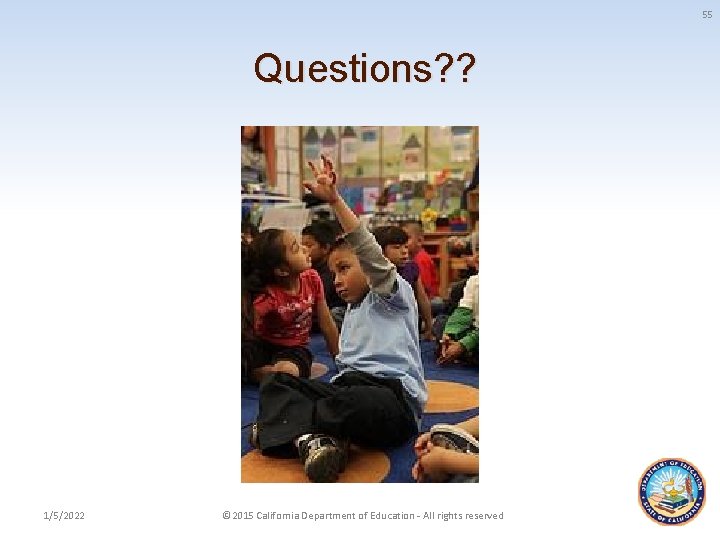 55 Questions? ? 1/5/2022 © 2015 California Department of Education - All rights reserved