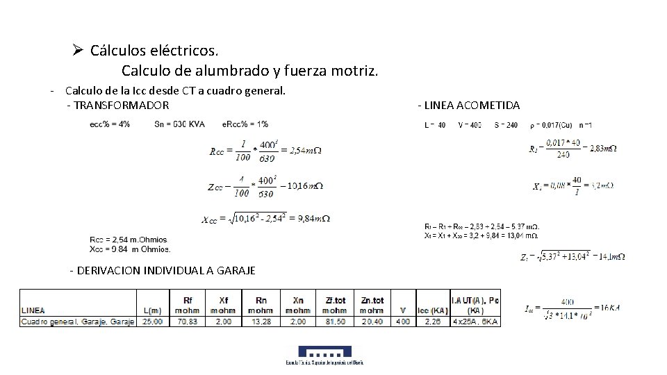 Ø Cálculos eléctricos. Calculo de alumbrado y fuerza motriz. - Calculo de la Icc