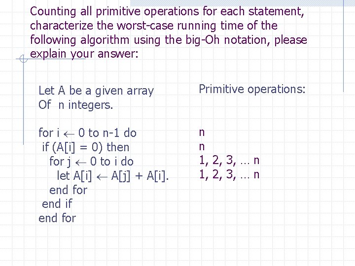 Counting all primitive operations for each statement, characterize the worst-case running time of the