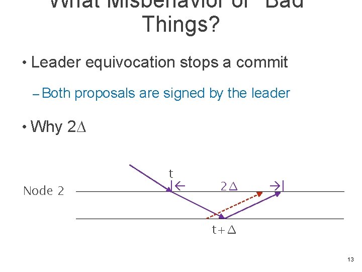 What Misbehavior or “Bad’’ Things? • Leader equivocation stops a commit – Both proposals