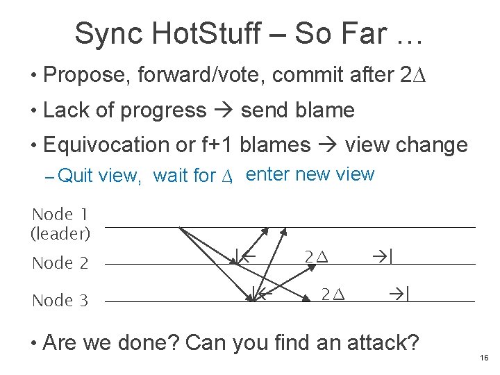 Sync Hot. Stuff – So Far … • Propose, forward/vote, commit after 2∆ •