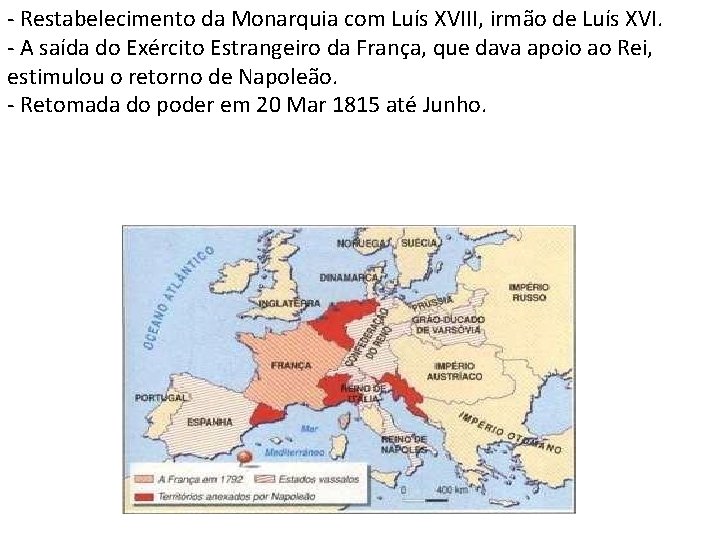 - Restabelecimento da Monarquia com Luís XVIII, irmão de Luís XVI. - A saída