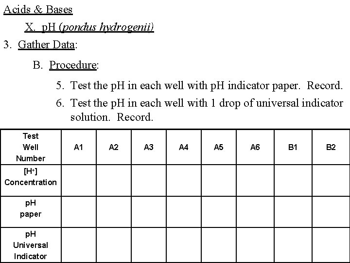 Acids & Bases X. p. H (pondus hydrogenii) 3. Gather Data: B. Procedure: 5.