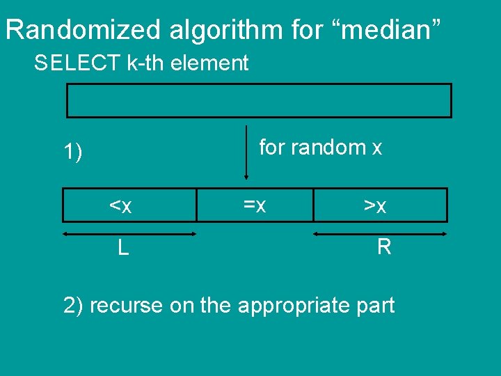 Randomized algorithm for “median” SELECT k-th element for random x 1) <x L =x