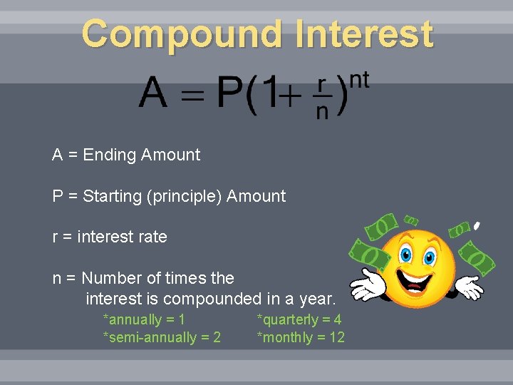 Compound Interest A = Ending Amount P = Starting (principle) Amount r = interest