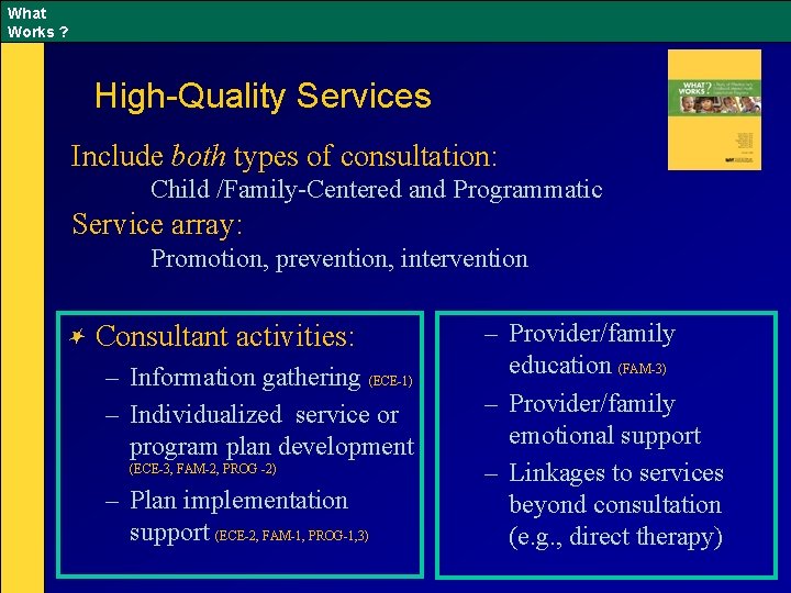 What Works ? High-Quality Services Include both types of consultation: Child /Family-Centered and Programmatic