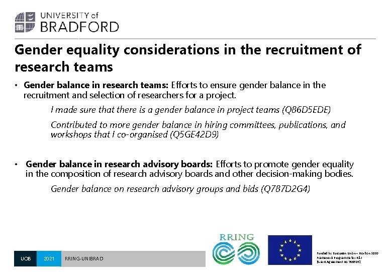 Gender equality considerations in the recruitment of research teams • Gender balance in research