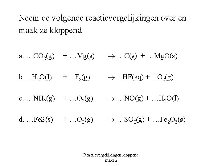 Neem de volgende reactievergelijkingen over en maak ze kloppend: a. …CO 2(g) + …Mg(s)