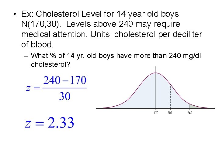  • Ex: Cholesterol Level for 14 year old boys N(170, 30). Levels above