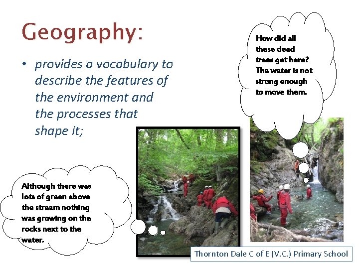 Geography: • provides a vocabulary to describe the features of the environment and the