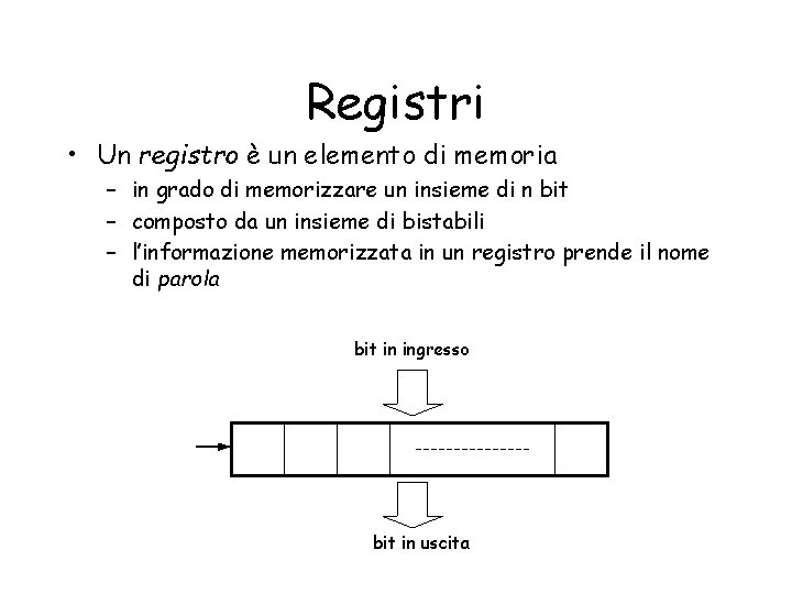 Registri • Un registro è un elemento di memoria – in grado di memorizzare