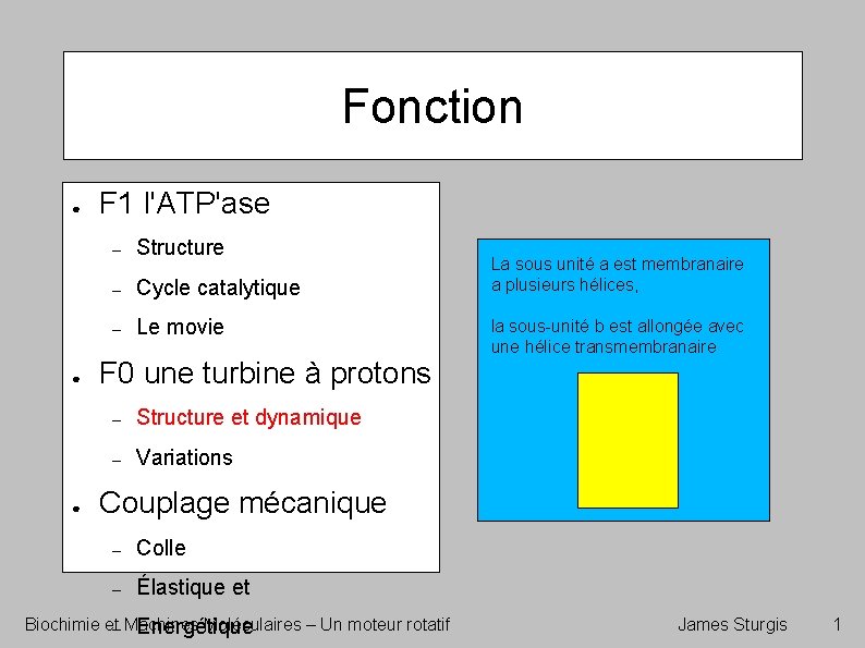 Fonction ● ● ● F 1 l'ATP'ase – Structure – Cycle catalytique – Le