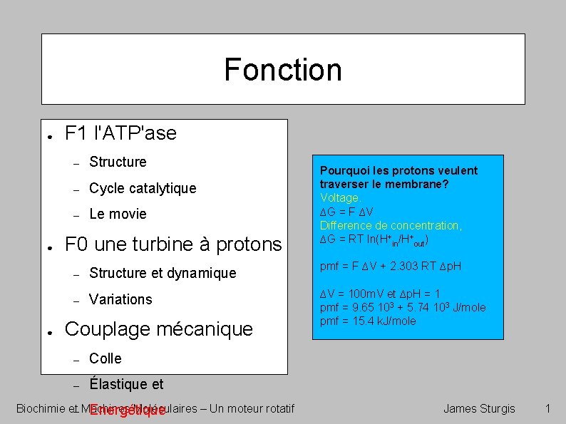 Fonction ● ● ● F 1 l'ATP'ase – Structure – Cycle catalytique – Le