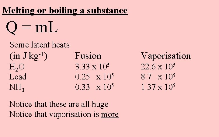 Melting or boiling a substance Q = m. L Some latent heats (in J