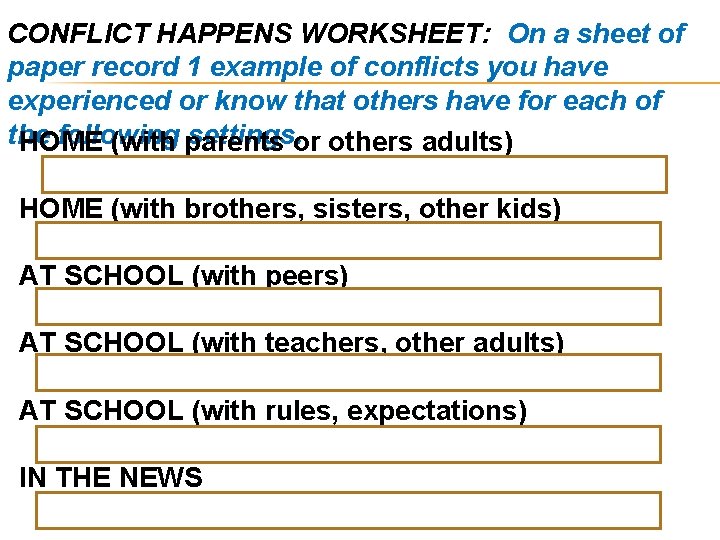 CONFLICT HAPPENS WORKSHEET: On a sheet of paper record 1 example of conflicts you