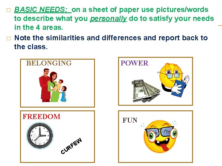 � � BASIC NEEDS: on a sheet of paper use pictures/words to describe what