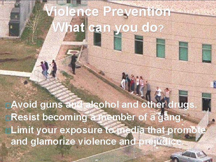 Violence Prevention What can you do? �Avoid guns and alcohol and other drugs. �Resist