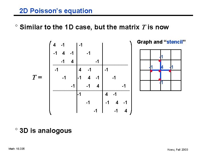 2 D Poisson’s equation ° Similar to the 1 D case, but the matrix