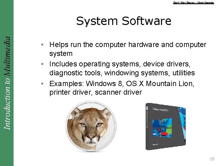Unit 9: Miscellaneous – About Computer Introduction to Multimedia System Software • Helps run