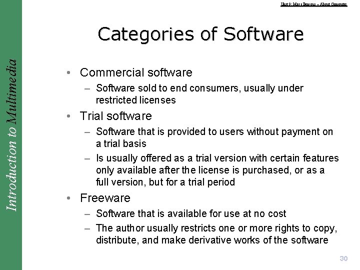 Unit 9: Miscellaneous – About Computer Introduction to Multimedia Categories of Software • Commercial
