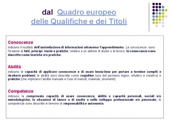 dal Quadro europeo delle Qualifiche e dei Titoli Conoscenze indicano il risultato dell’assimilazione di